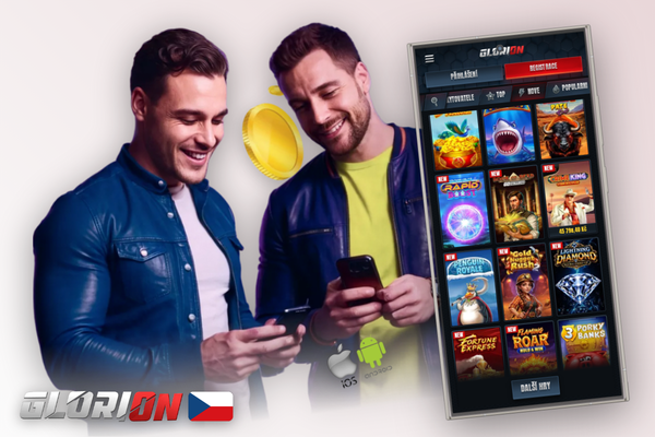 Glorion Casino app zobrazuje lobby slotů a živého kasina na dotykovém displeji