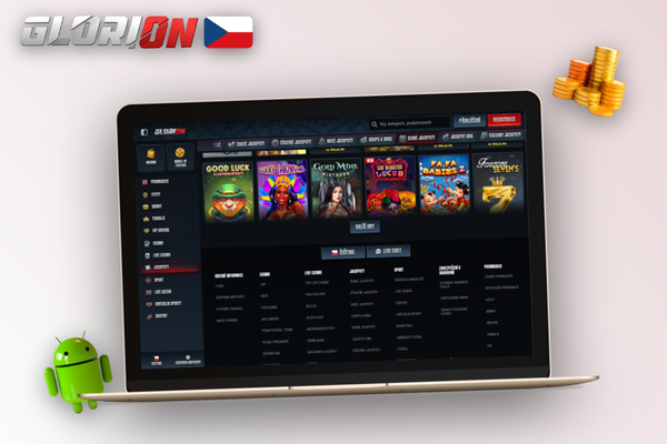 Notebook s aplikací Glorion Casino na počítači a ikonkou probíhající automatické aktualizace