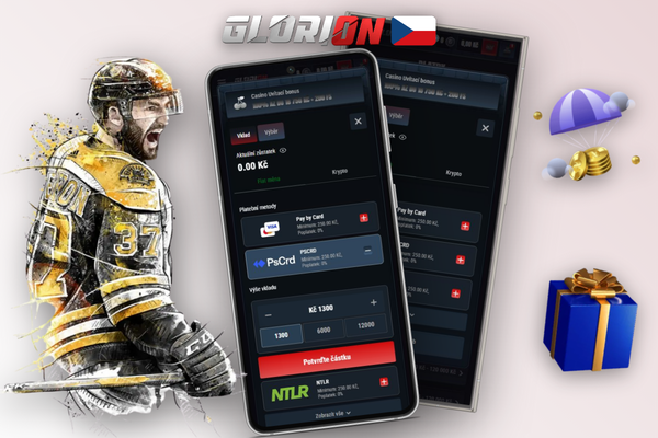 Rozhraní pokladny Glorion Casino v mobilu – výběr metody a zadání částky krok za krokem