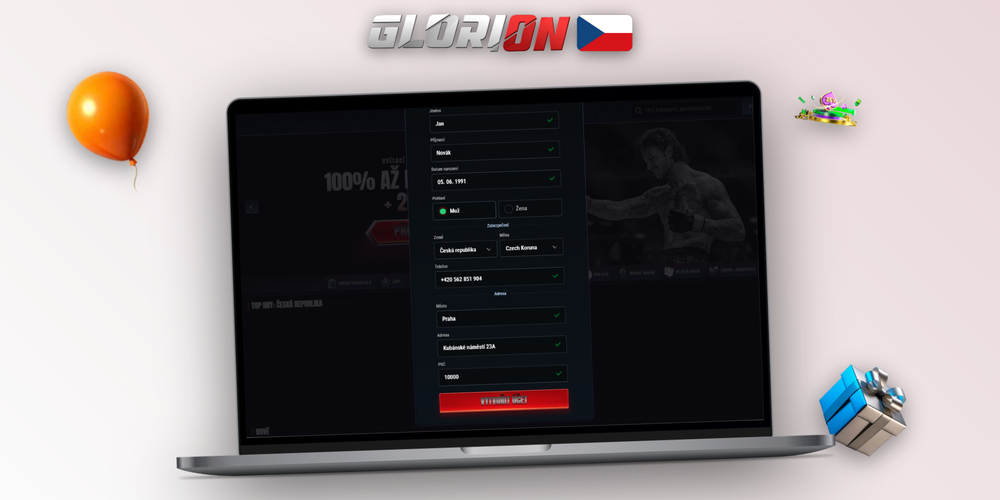 Ověřený účet Glorion Casino – zelená fajfka na profilu hráče, notebooku a mobilu