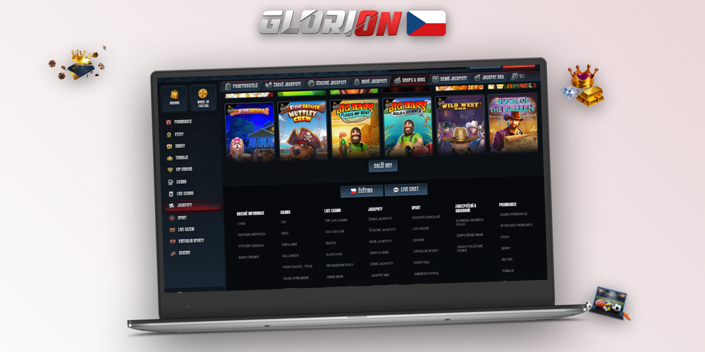 Rozhraní desktopového klienta Glorion Casino s kategoriemi her a zůstatkem účtu